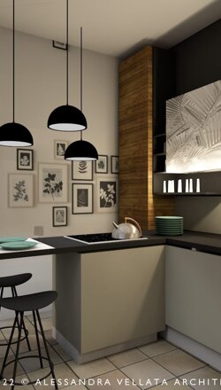 progetto di una cucina con legno chiaro e ante laccate per una ristrutturazione in provincia di Vercelli.